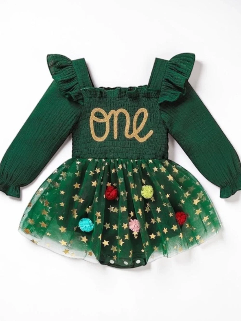 Baby Girl ONE Birthday Tulle Romper Green Gold Stars 3-6M